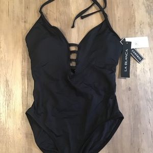 La Blanca Black Caged Halter One-Piece Swimsuit